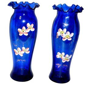 Rare Hand Made Hand-Painted Blue Glass Vases Floral Set Of 2 Ruffled Edge VTG
